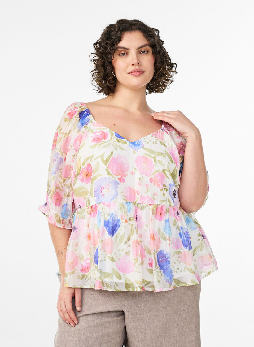 Lyocell blouse with floral print and sweetheart neckline, White, Model image number 0