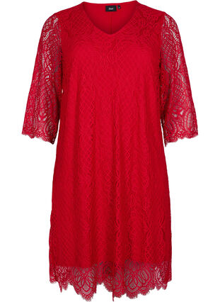 Lace Dress with 3/4 sleeves, Tango Red, Packshot image number 0