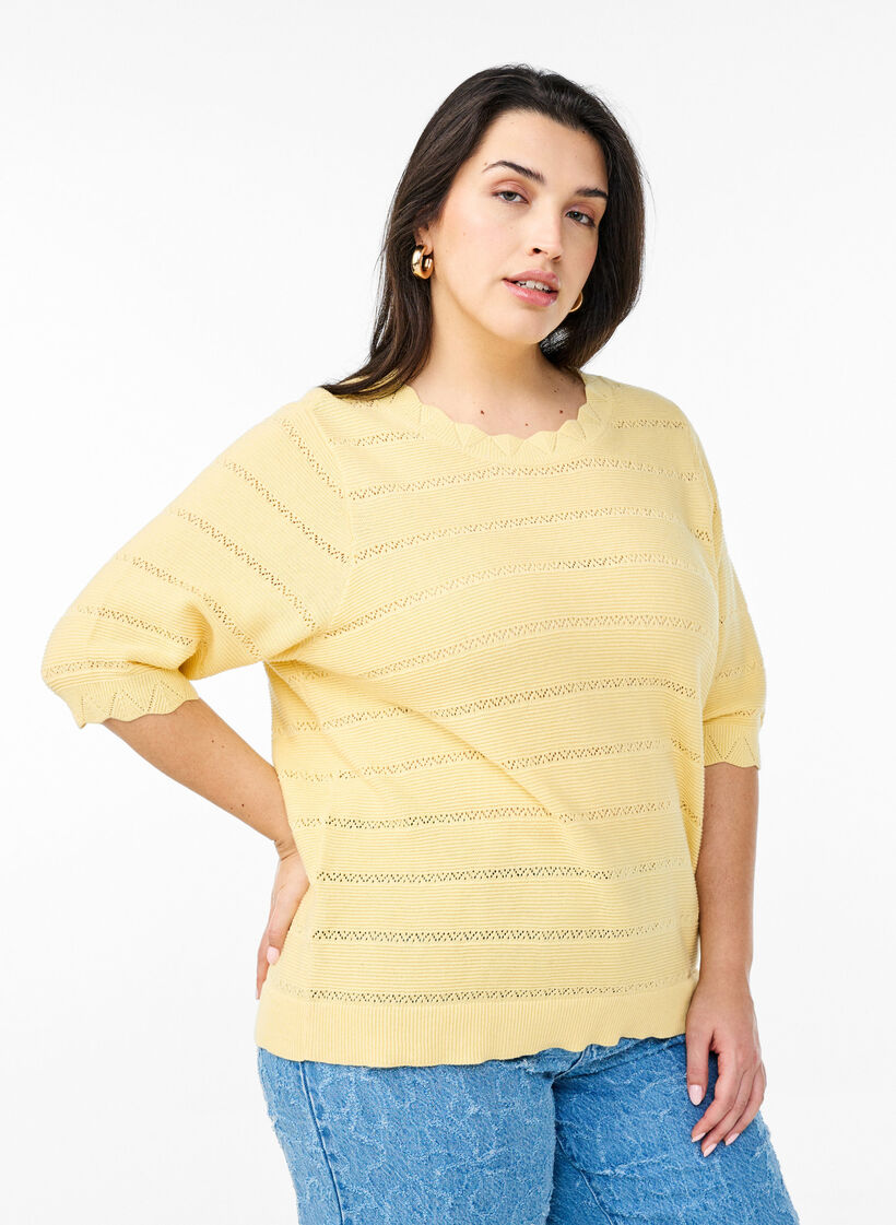 Knitted blouse with a striped openwork pattern and short sleeves, Yellow, Model image number 0