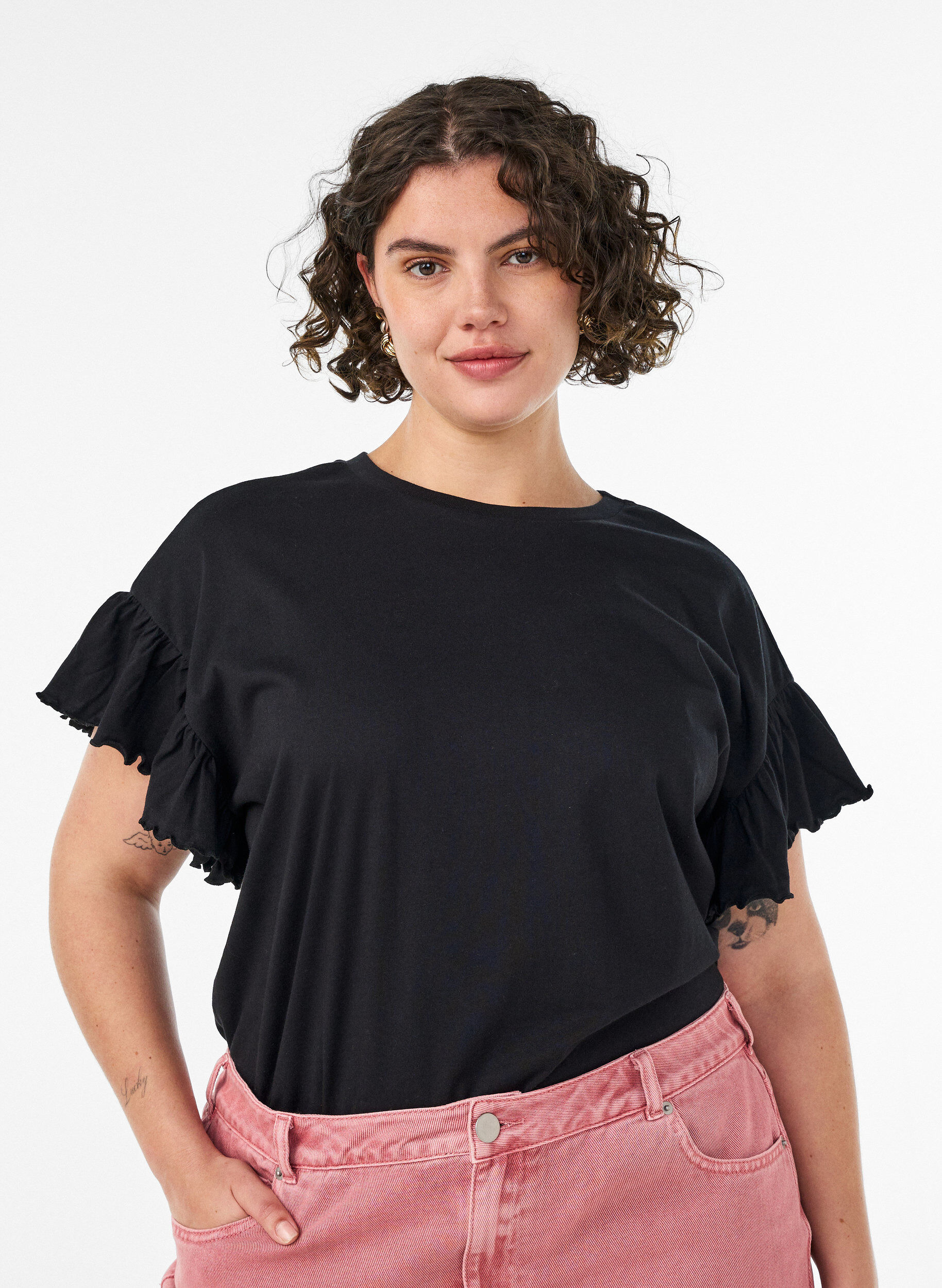 ZizzifashionOrganic cotton T-shirt with ruffle sleeves, Black, Model image number 0
