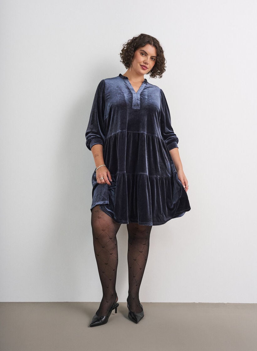 Short velour dress with a ruffle collar and long sleeves, Blue, Model image number 1