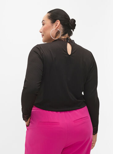 Blouse with lace and long sleeves, Black, Model image number 1