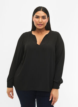 Long sleeve blouse with wrinkles on the back, Black, Model image number 0
