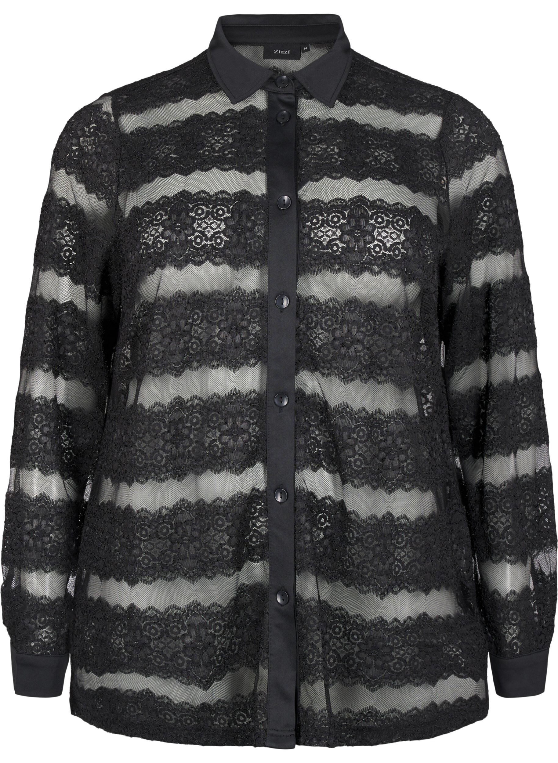 Zizzifashion Loose shirt with lace and sheer mesh, Black, Packshot image number 0