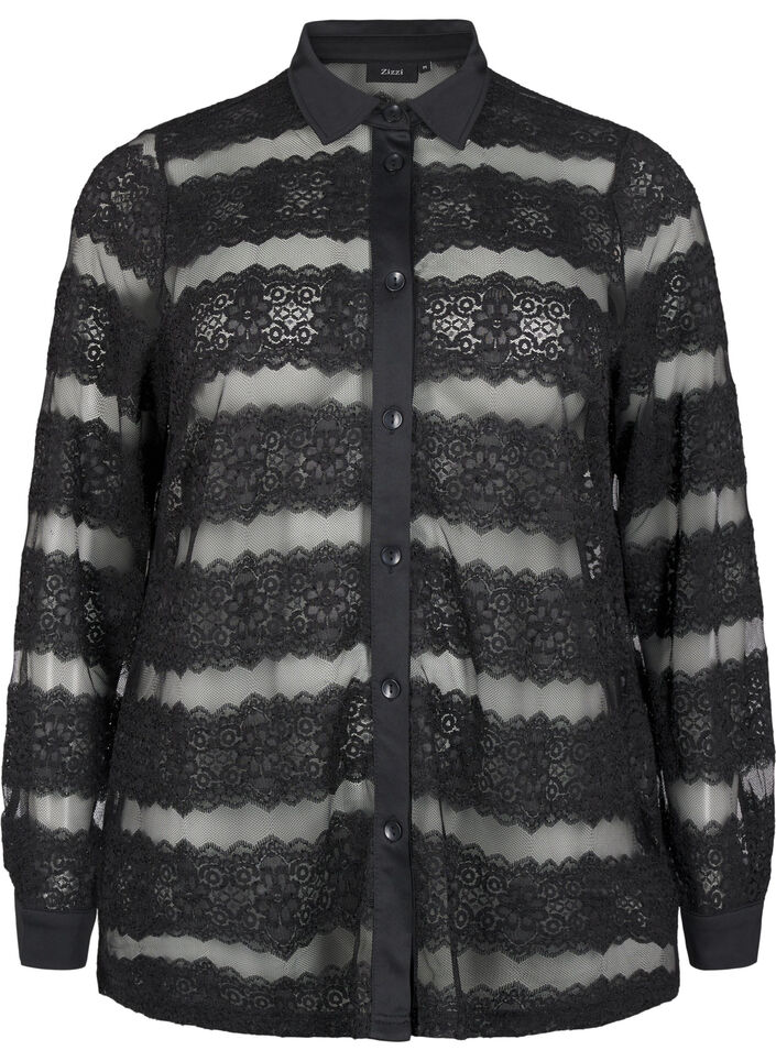 Loose shirt with lace and sheer mesh, Black, Packshot image number 0