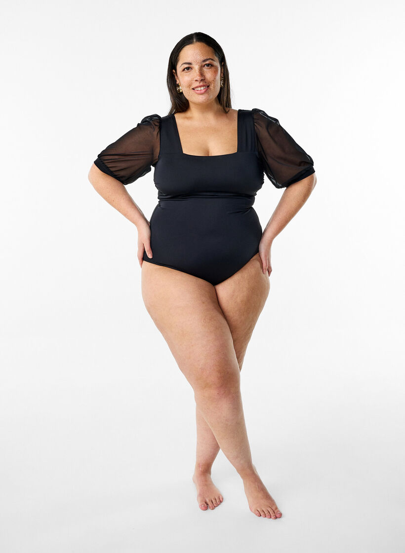 Swimsuit with short mesh sleeves, Black, Model image number 2