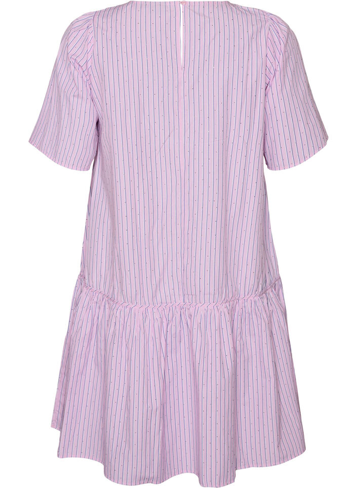 Knee-length striped dress with stones and puff sleeves, Pink, Packshot image number 1