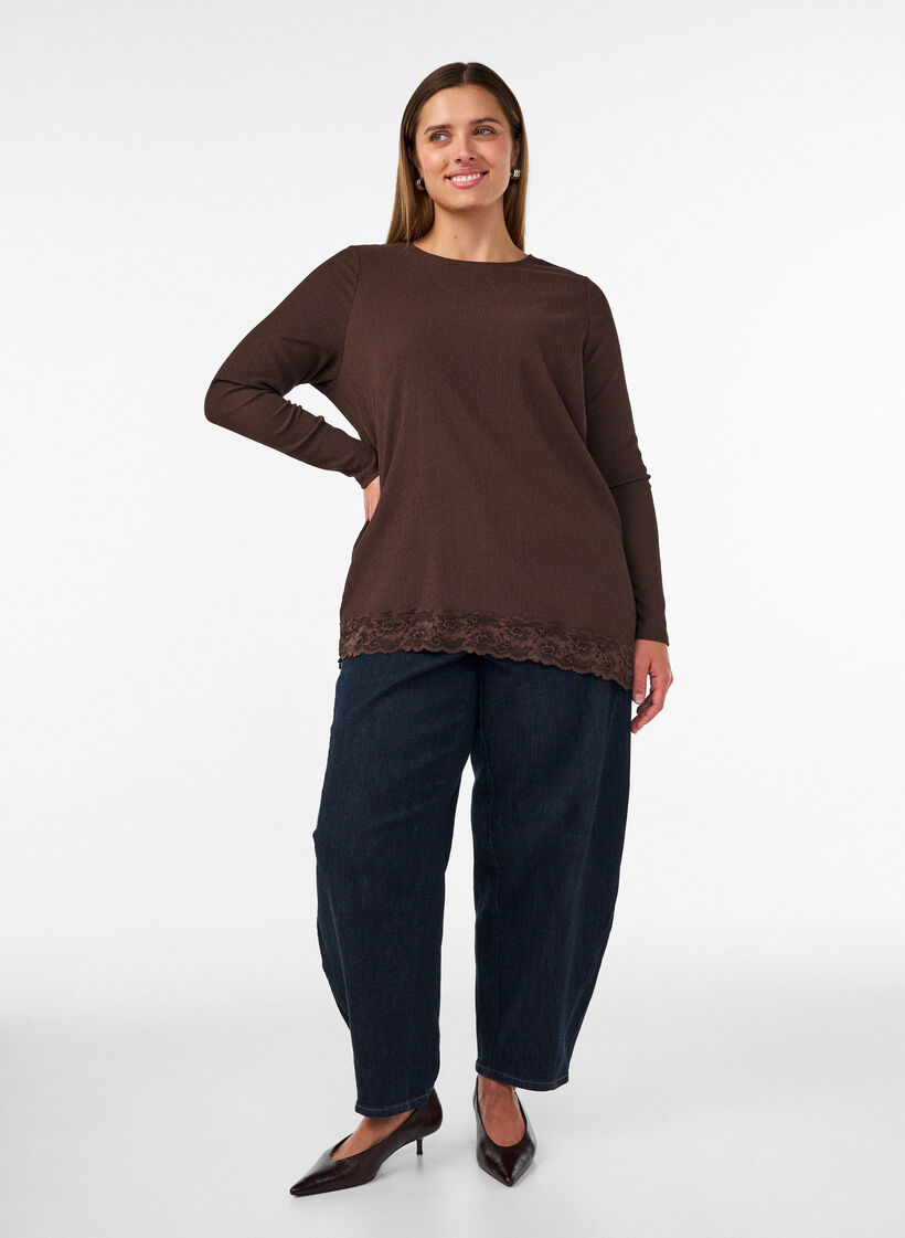 Jersey blouse with asymmetrical lace trim, Brown, Model image number 1