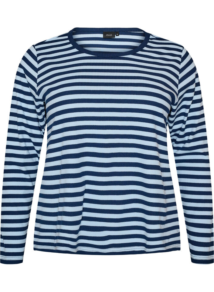 Long-sleeved night top in ribbed jersey with stripes, Blue, Packshot image number 0