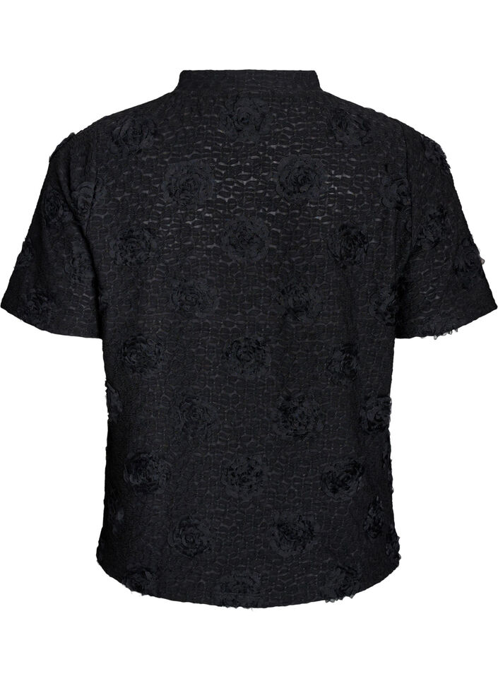Blouse with 3D flowers and short sleeves, Black, Packshot image number 1