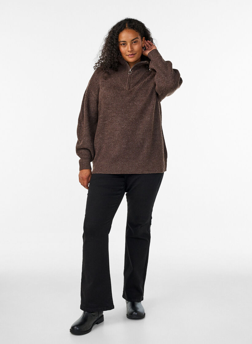 Knitted sweater with high neck and zipper, Brown, Model image number 1