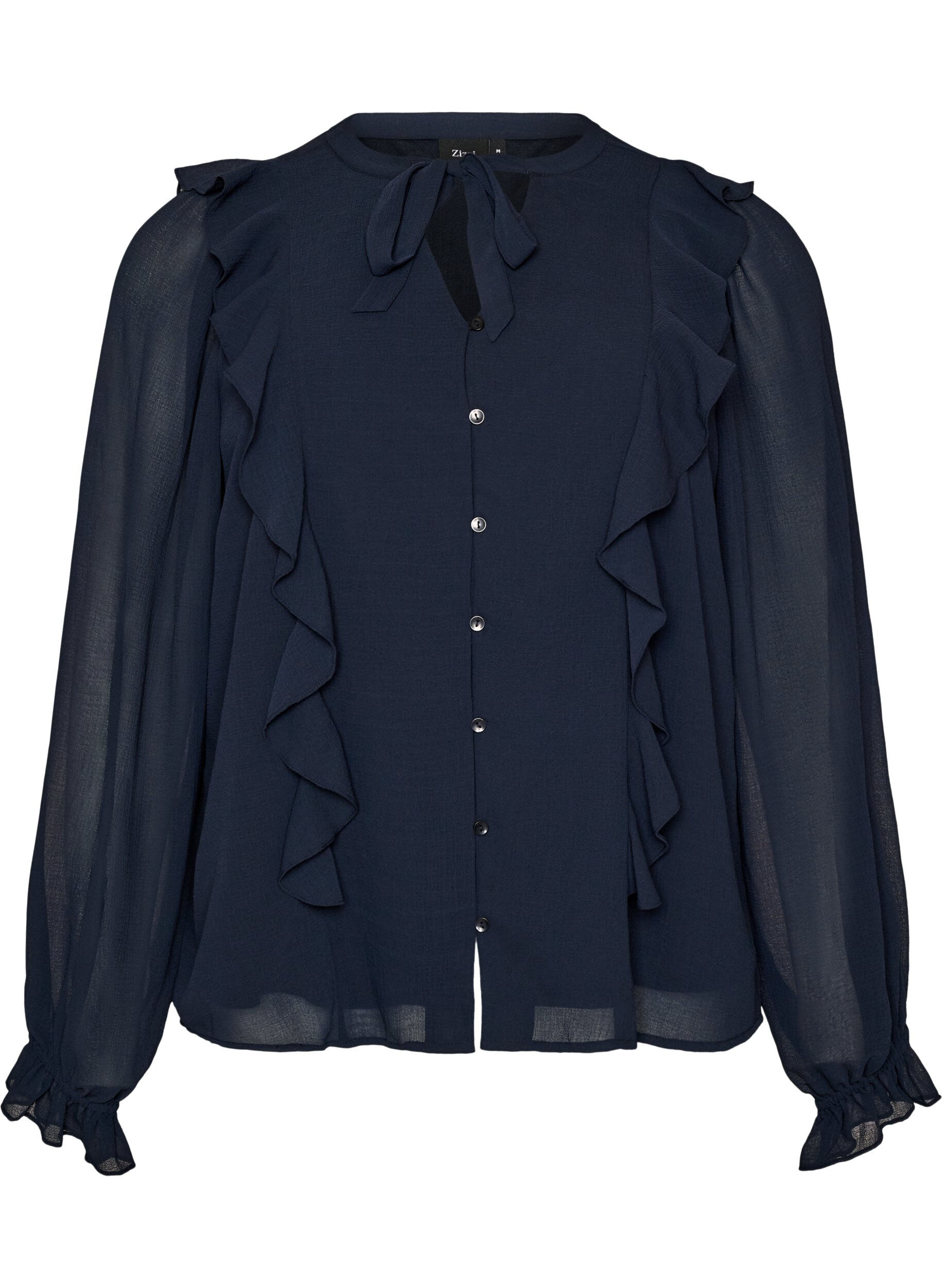 ZizzifashionSheer blouse with ruffles and tie-fastening, Blue, Packshot image number 0