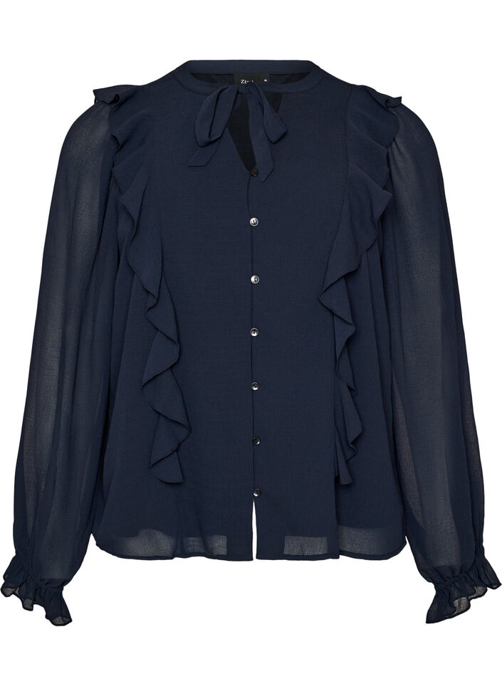 Sheer blouse with ruffles and tie-fastening, Blue, Packshot image number 0