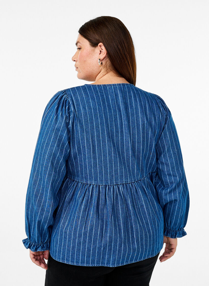Striped denim blouse with front tie, Blue, Model image number 2