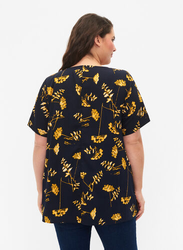 FLASH - Blouse with short sleeves and print, Night Sky Yellow AOP, Model image number 1