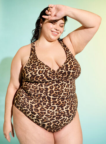 Swimsuit with crossed back and removable inserts, Leopard Print, Image image number 0