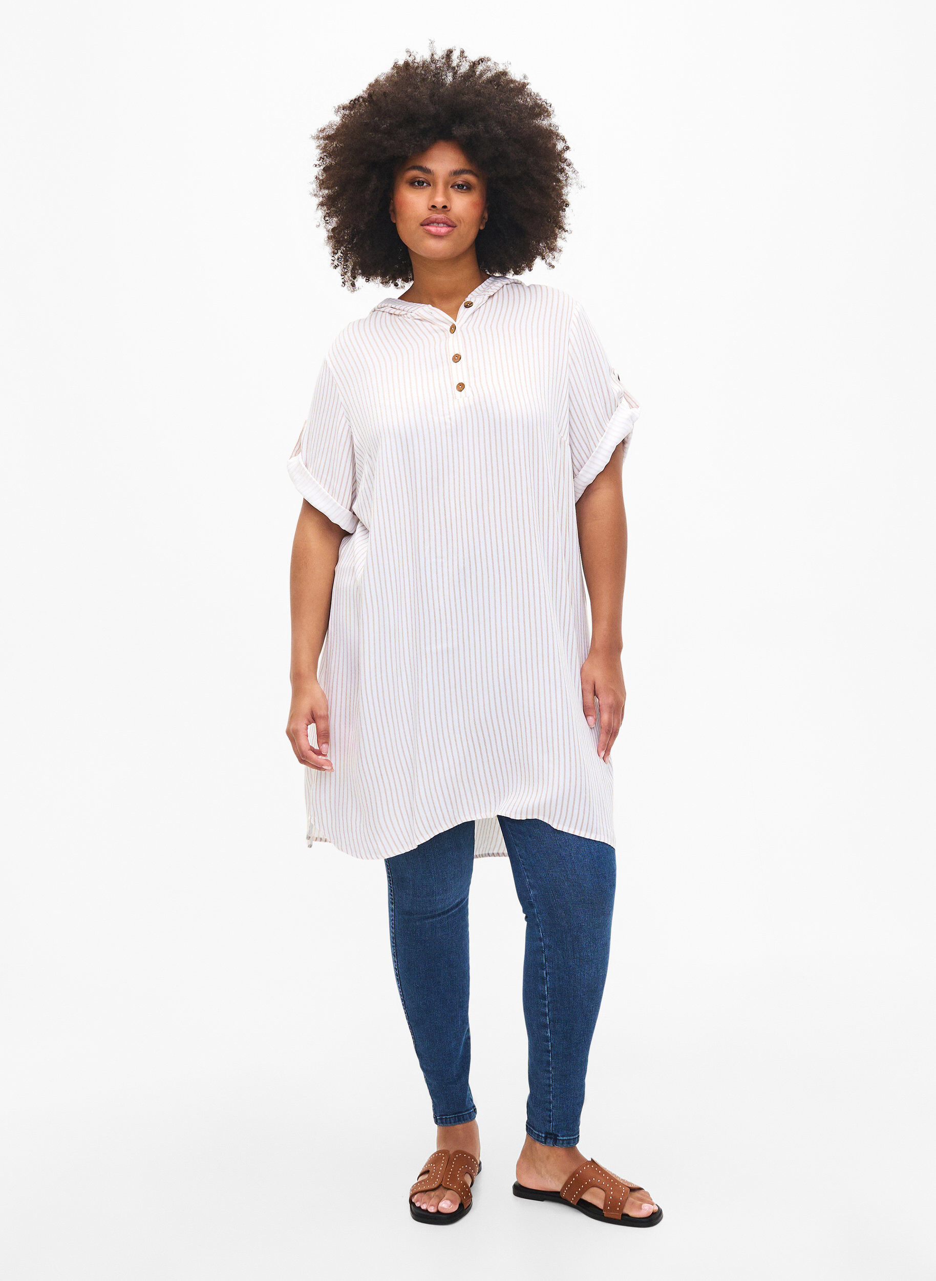 Zizzifashion Short-sleeved viscose tunic with hood, White Natural Stripe, Model image number 2