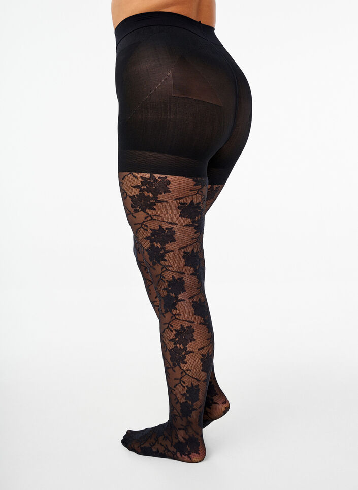 30 denier tights with floral pattern, Black, Packshot image number 1