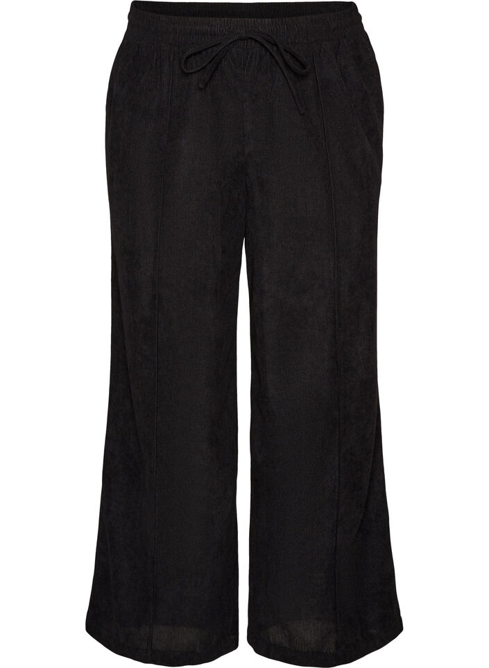 Corduroy trousers with wide legs and a high waist, Black, Packshot image number 0