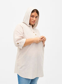 Hooded tunic in cotton and linen, Wh. Sandshell Stripe, Model