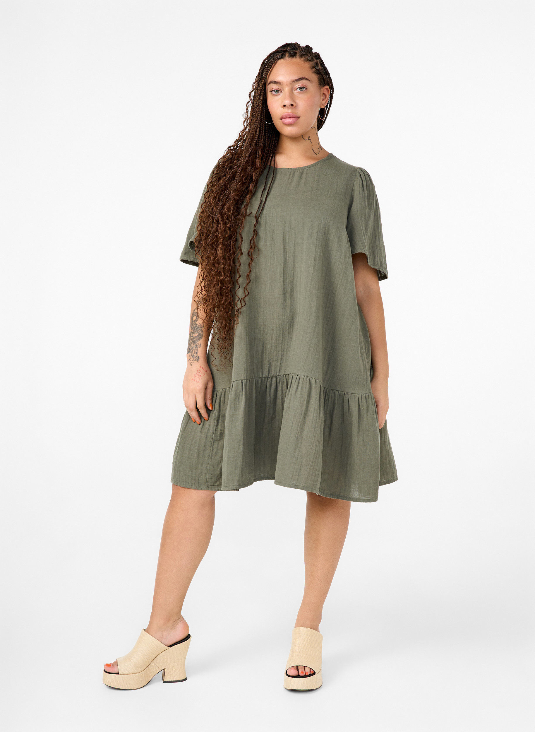 ZizzifashionCotton short-sleeved dress with a-line cut, Green, Model image number 1