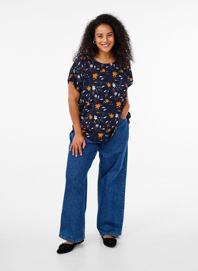 Short-sleeved blouse with floral print, Sky Captain Flower, Model image number 3