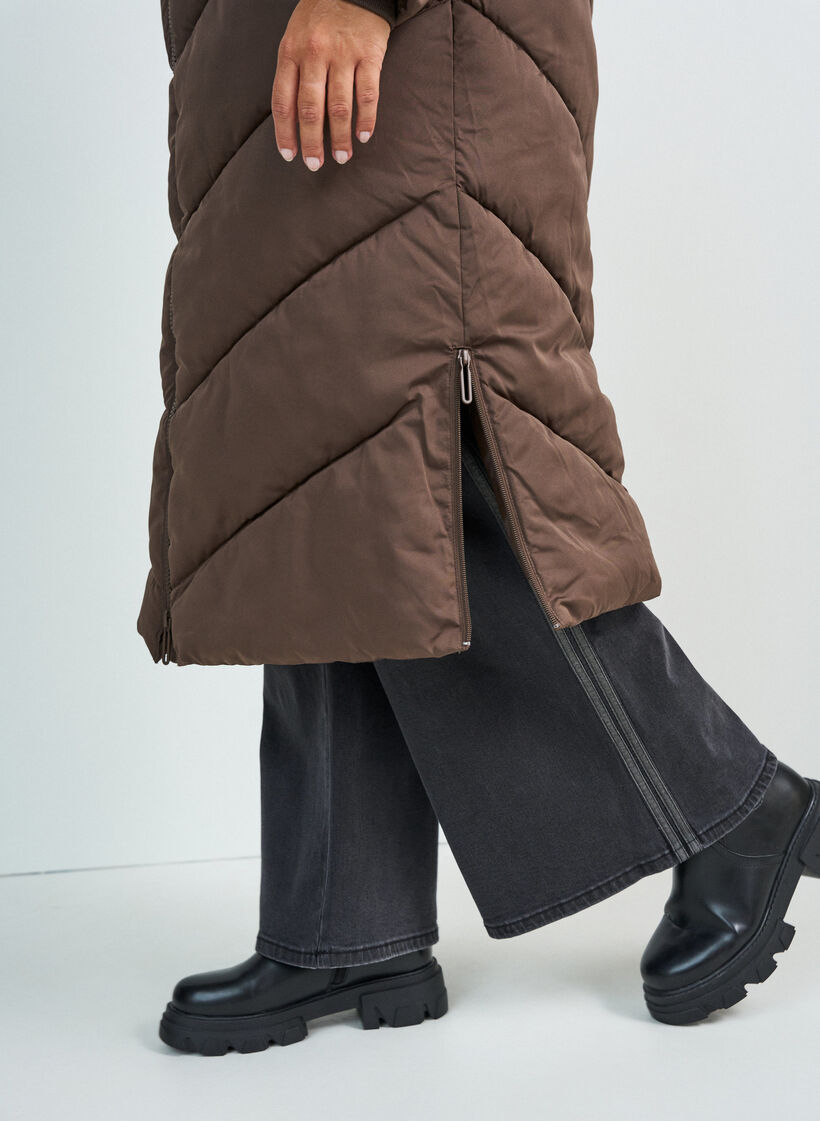 Long puffer coat with hood and pockets, Brown, Model image number 2