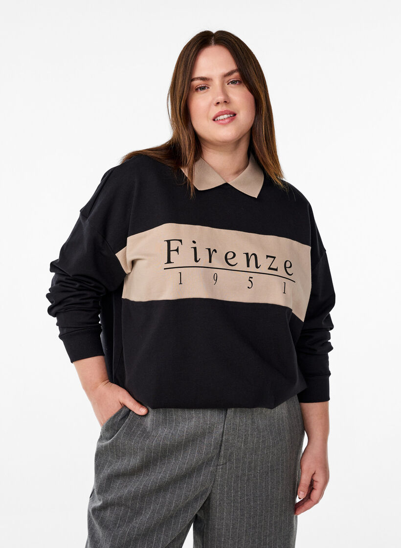 Organic cotton sweatshirt with collar and contrast print, Black, Model image number 0