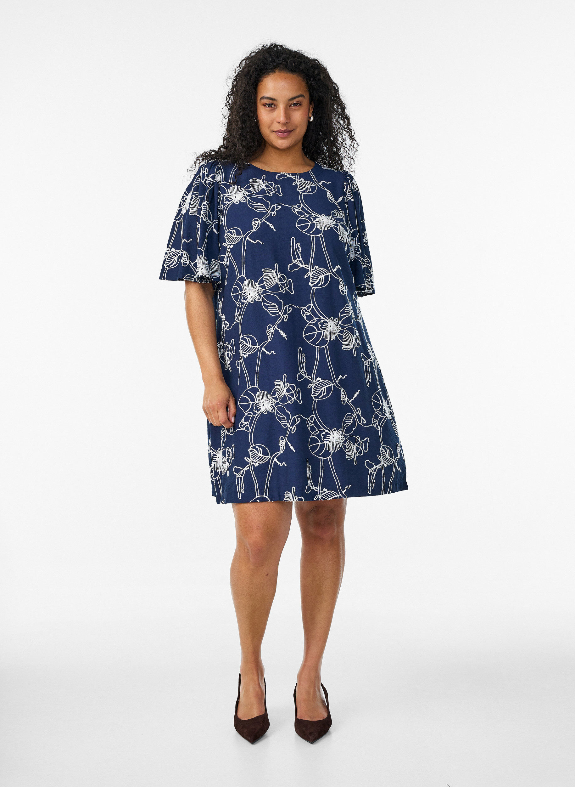 ZizzifashionShort A-line dress with embroidered pattern, Blue, Model image number 1