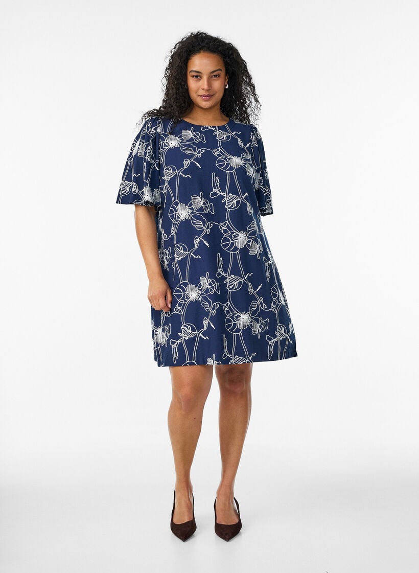 Short A-line dress with embroidered pattern, Blue, Model image number 1