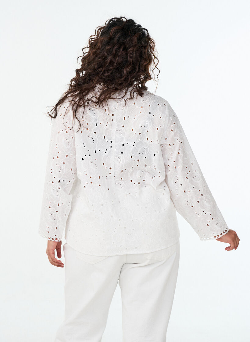 Long-sleeved cotton blouse with broderie anglaise, White, Model image number 1