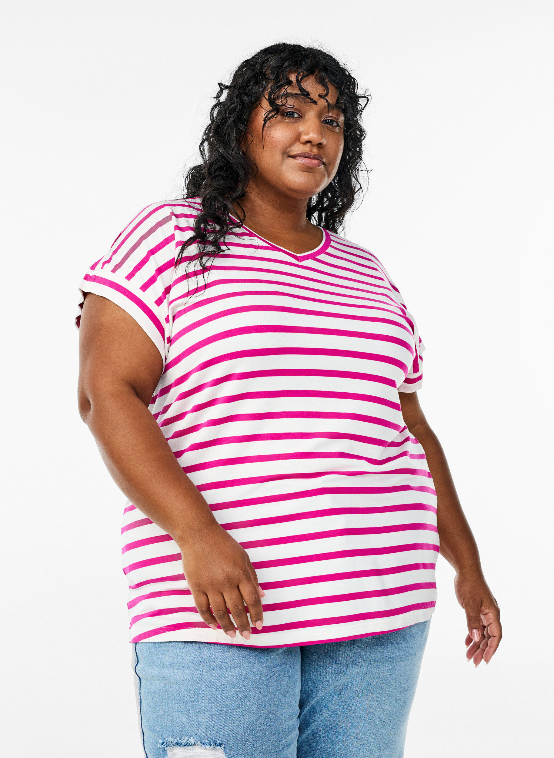 Striped T-shirt with V-neck, Rose, Model