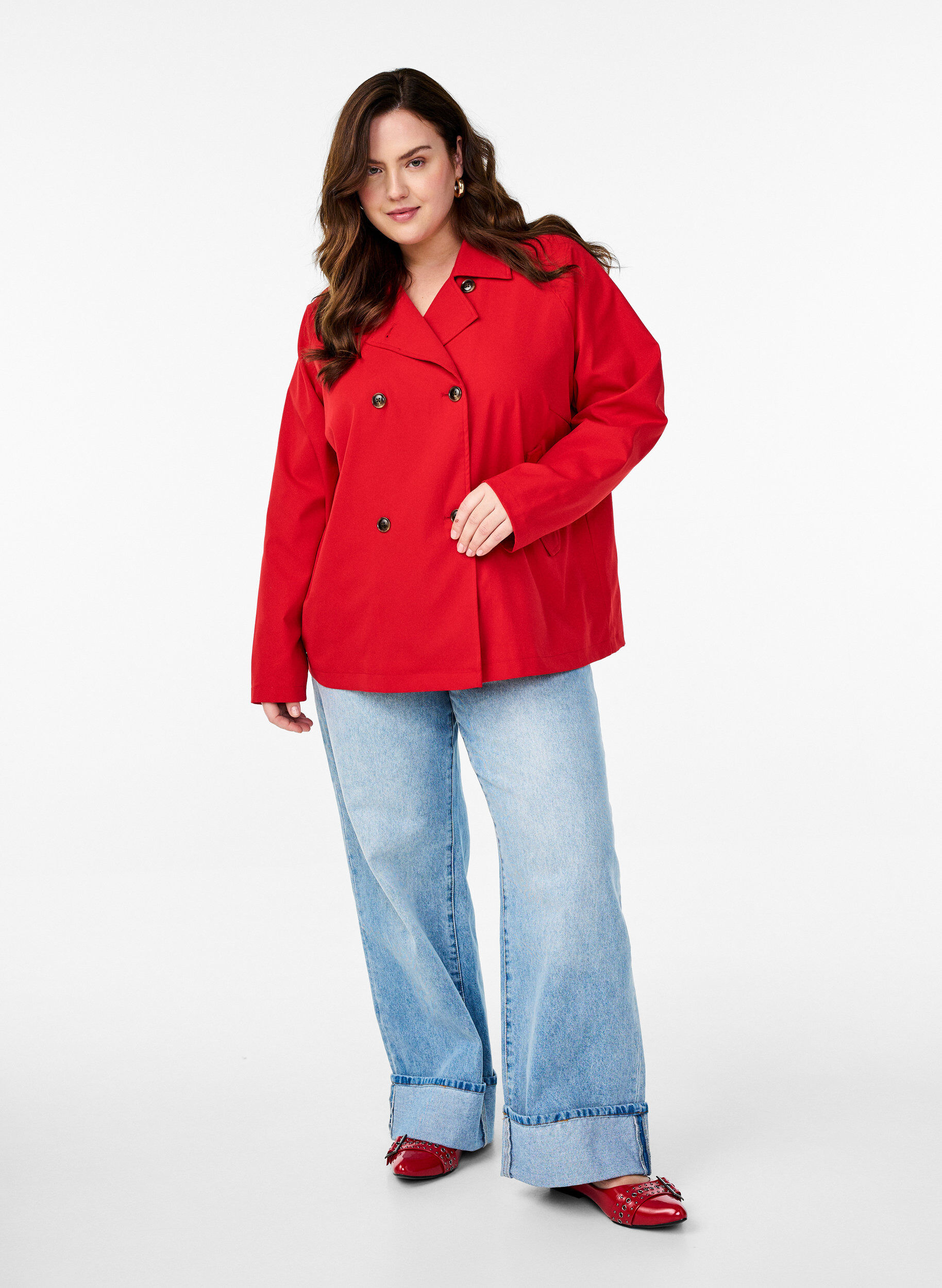 Zizzifashion Short trench coat with pockets, Red, Model image number 1