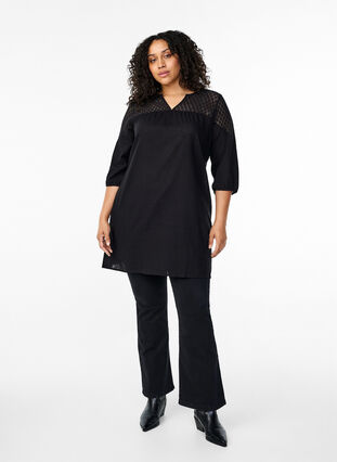 Dress in a cotton blend with linen and crochet detail, Black, Model image number 2