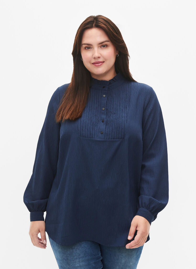 Long-sleeved blouse with ruffle collar, Dress Blues, Model image number 0