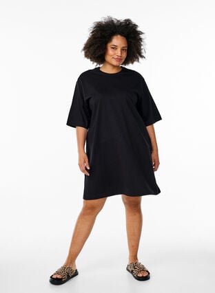 Knee-length cotton T-shirt dress - Black - Sz. L - Zizzifashion Knee-length cotton T-shirt dress - Black - Sz. L - Zizzifashion