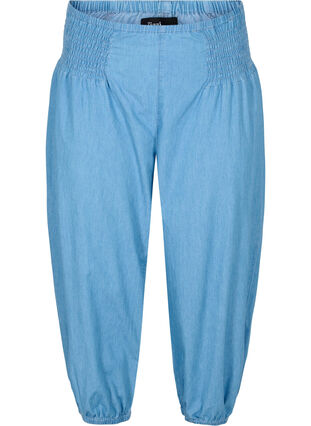 Loose cotton 3/4-length trousers with smock effect, Light blue denim, Packshot image number 0
