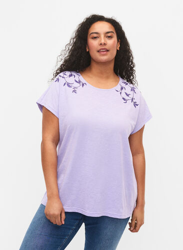 Cotton t-shirt with leaf print, Lavender C Leaf, Model image number 0