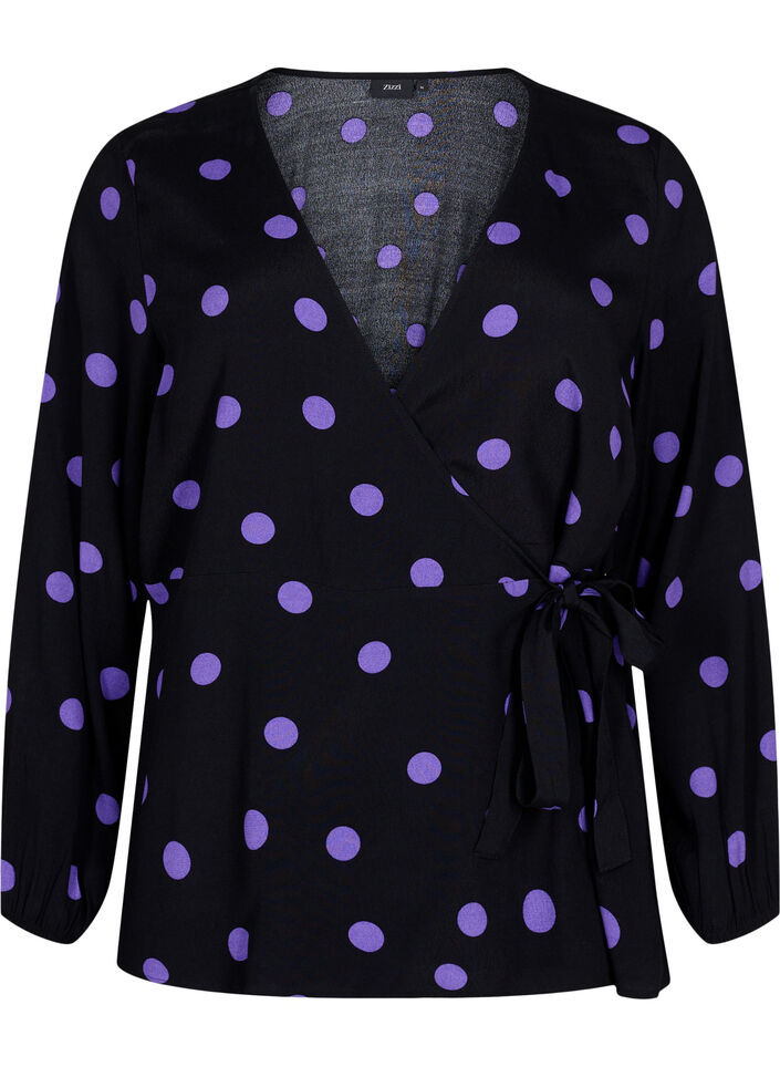 Dotted wrap blouse in viscose, Black w. Purple Dot, Packshot image number 0