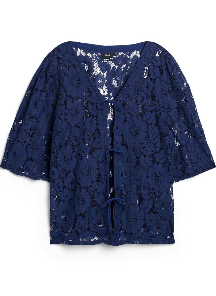 Lace blouse with 3/4 sleeves and bows on the front, Blue, Packshot image number 0