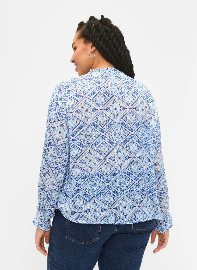 Long sleeve blouse with ruffles and print, Beige, Model image number 2