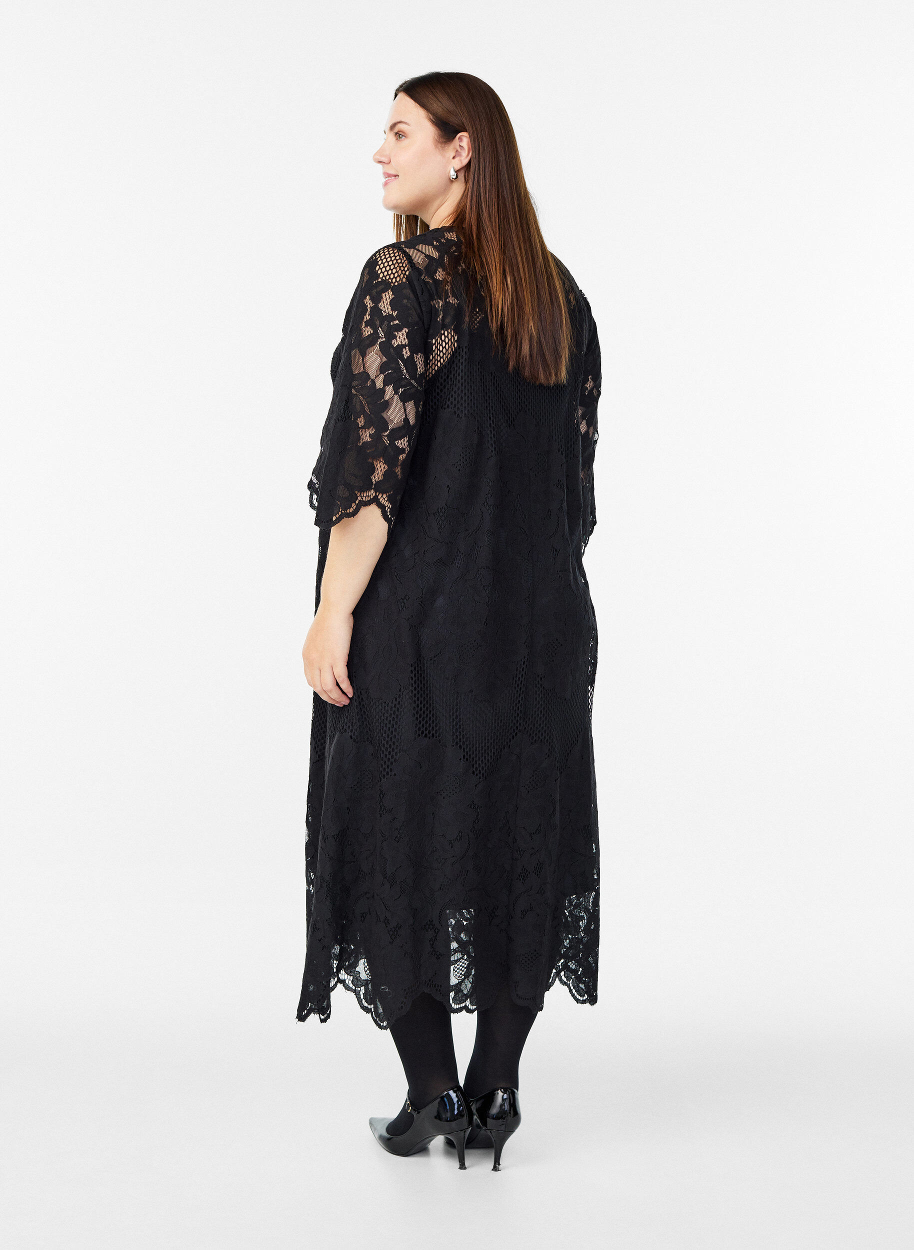 Zizzifashion Midi lace dress with a V-neck, Black, Model image number 1