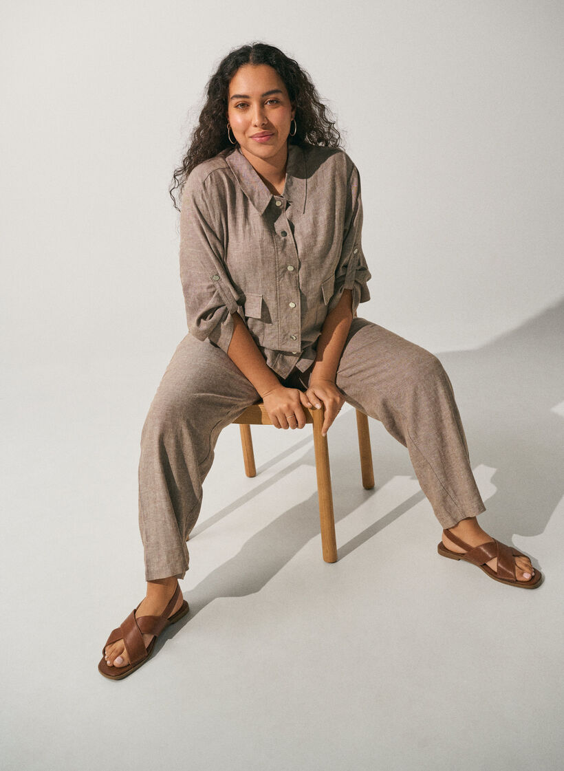 Linen and viscose shirt blouse with an adjustable waist, Brown, Image image number 0