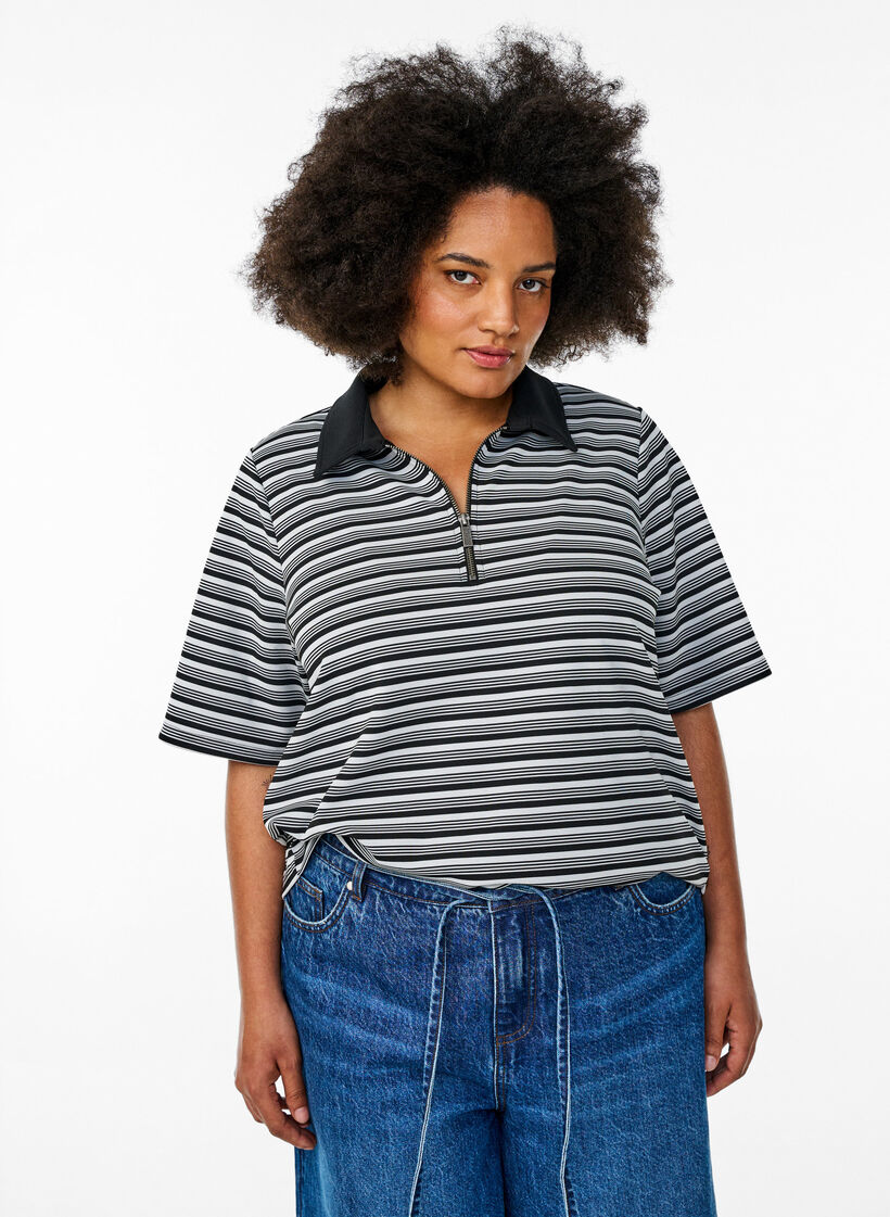 Striped polo shirt with short sleeves and zip, Black, Model image number 0