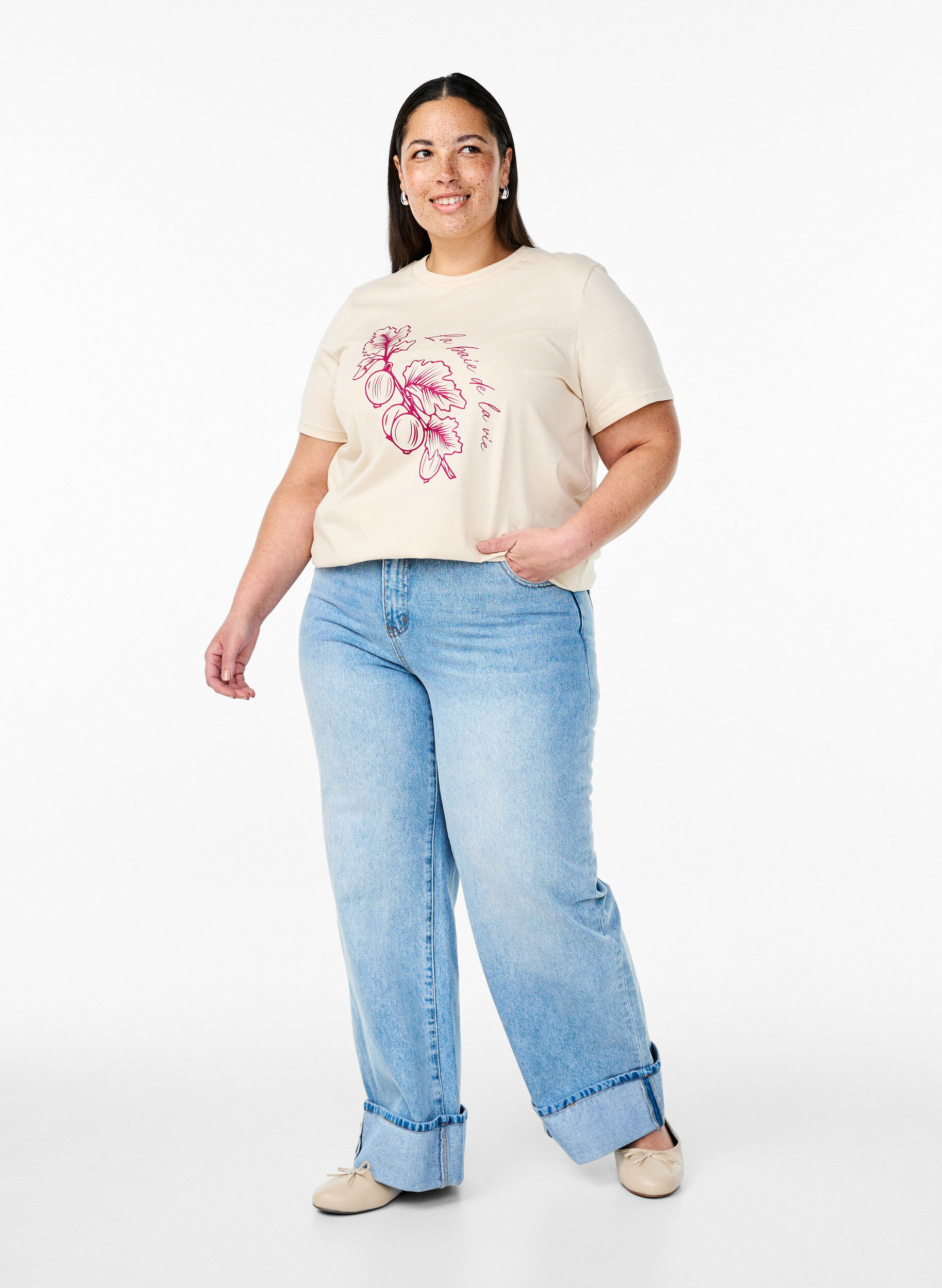 Zizzifashion Cotton T-shirt with print, Beige, Model image number 1