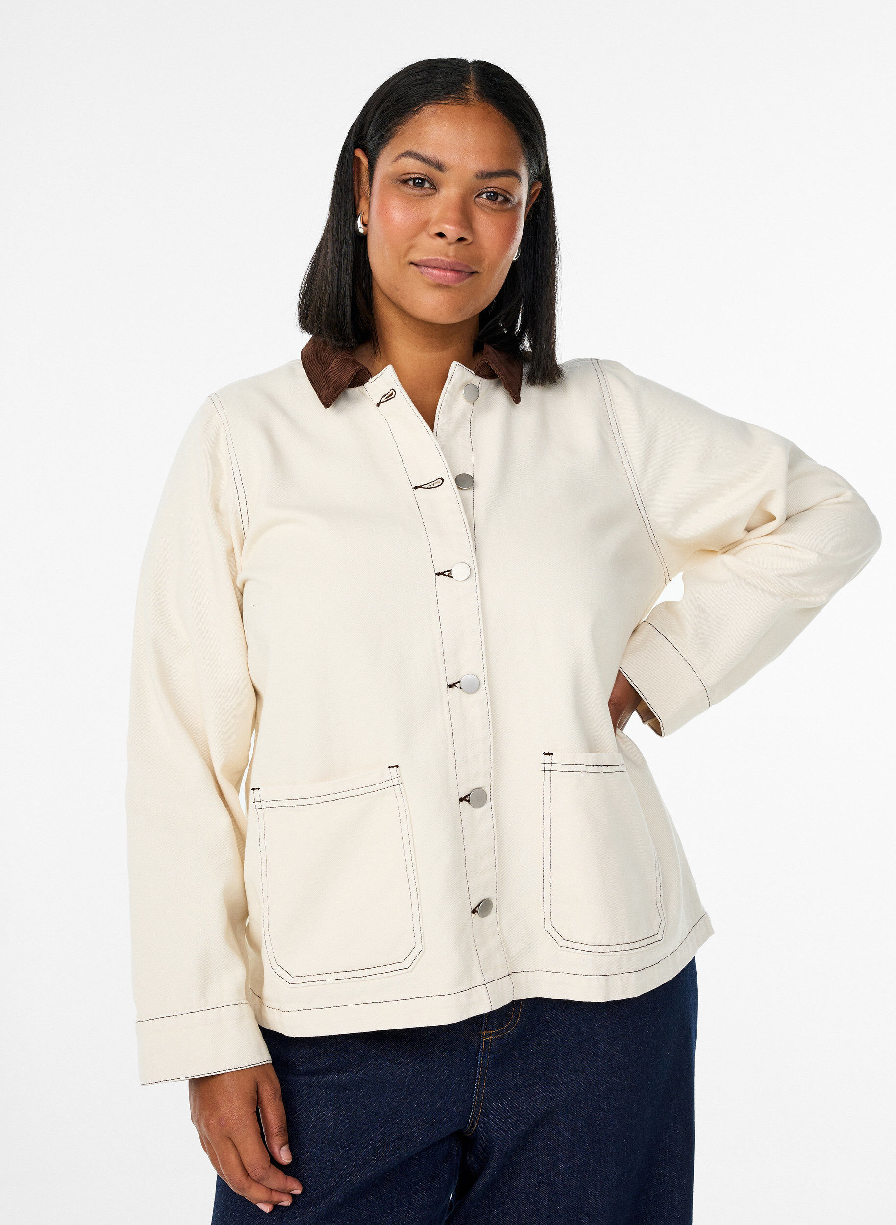 Zizzifashion Coloured denim jacket with contrast collar, Vanilla, Model image number 0