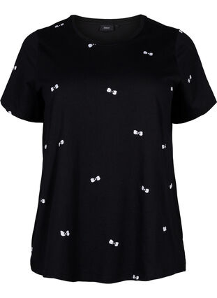 Organic cotton T-shirt with hearts, Black W. Bow Emb. , Packshot image number 0