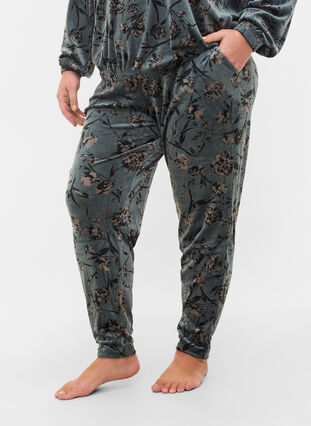 Floral print velour trousers with pockets, Green Gables, Model image number 1