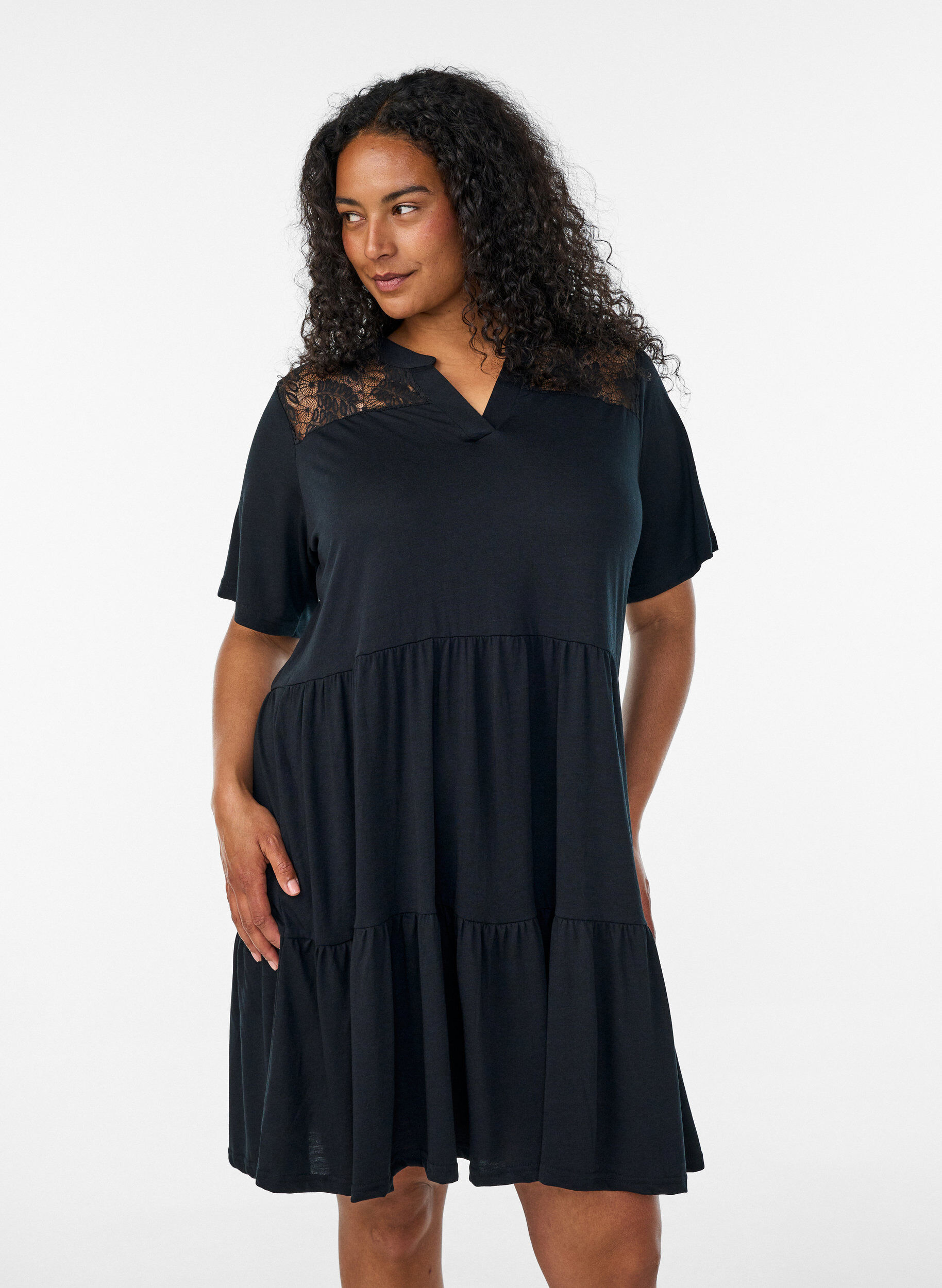 ZizzifashionJersey dress with lace details and a layered skirt, Black, Model image number 0