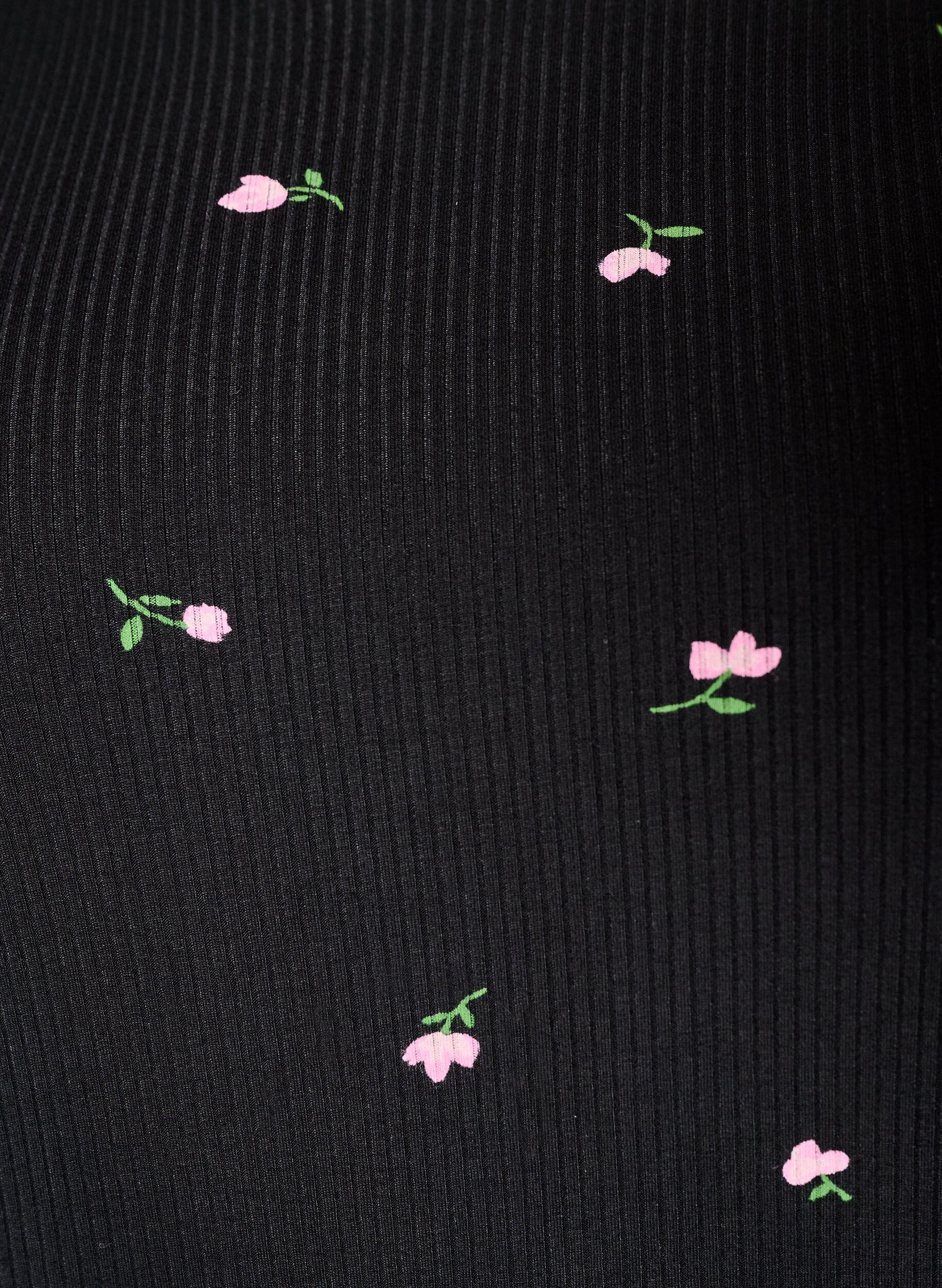 ZizzifashionPyjama top with floral print and ribbed texture, Black, Packshot image number 2